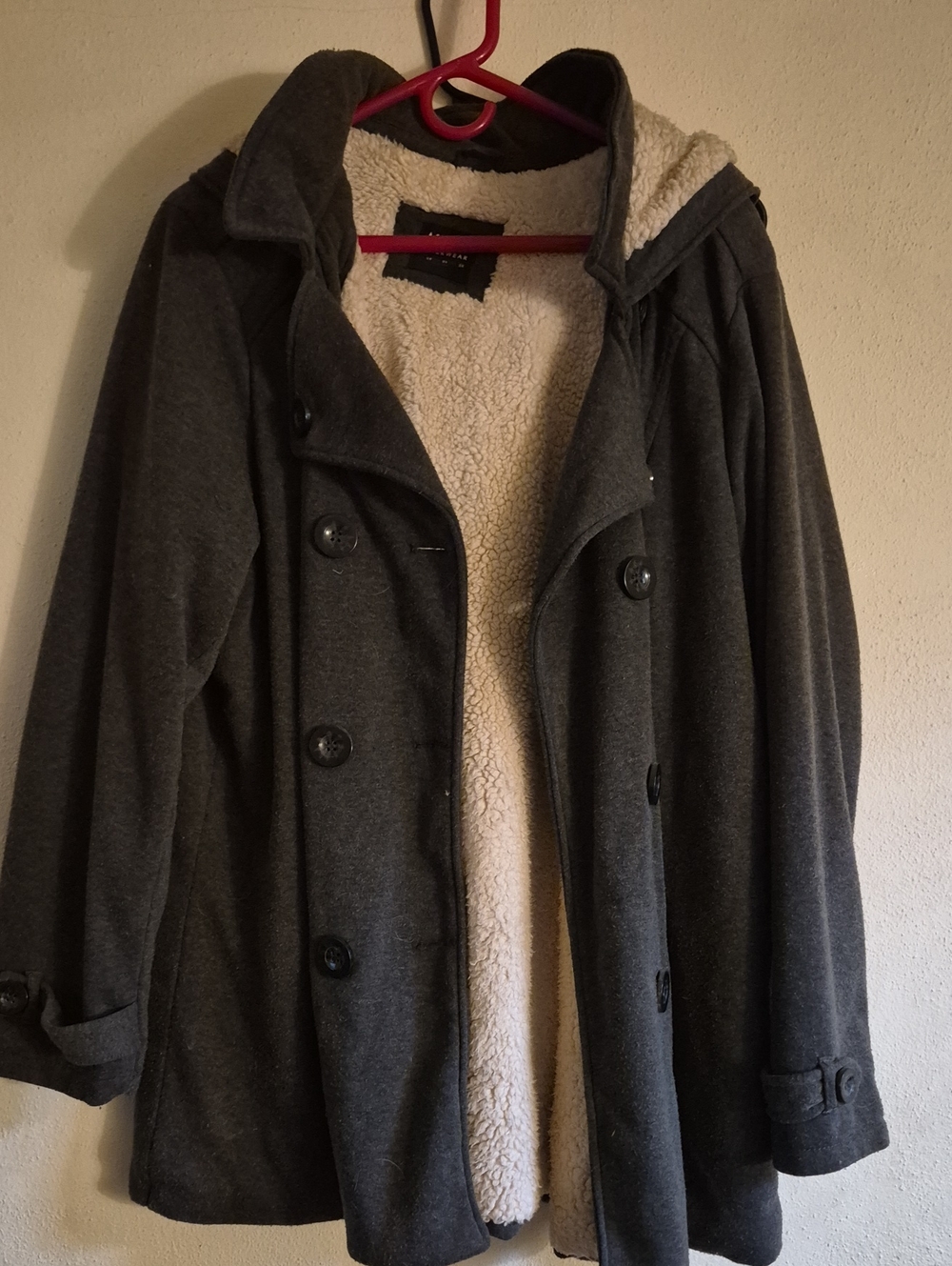 Dark Gray Sherpa-Lined Hooded Pea Coat
